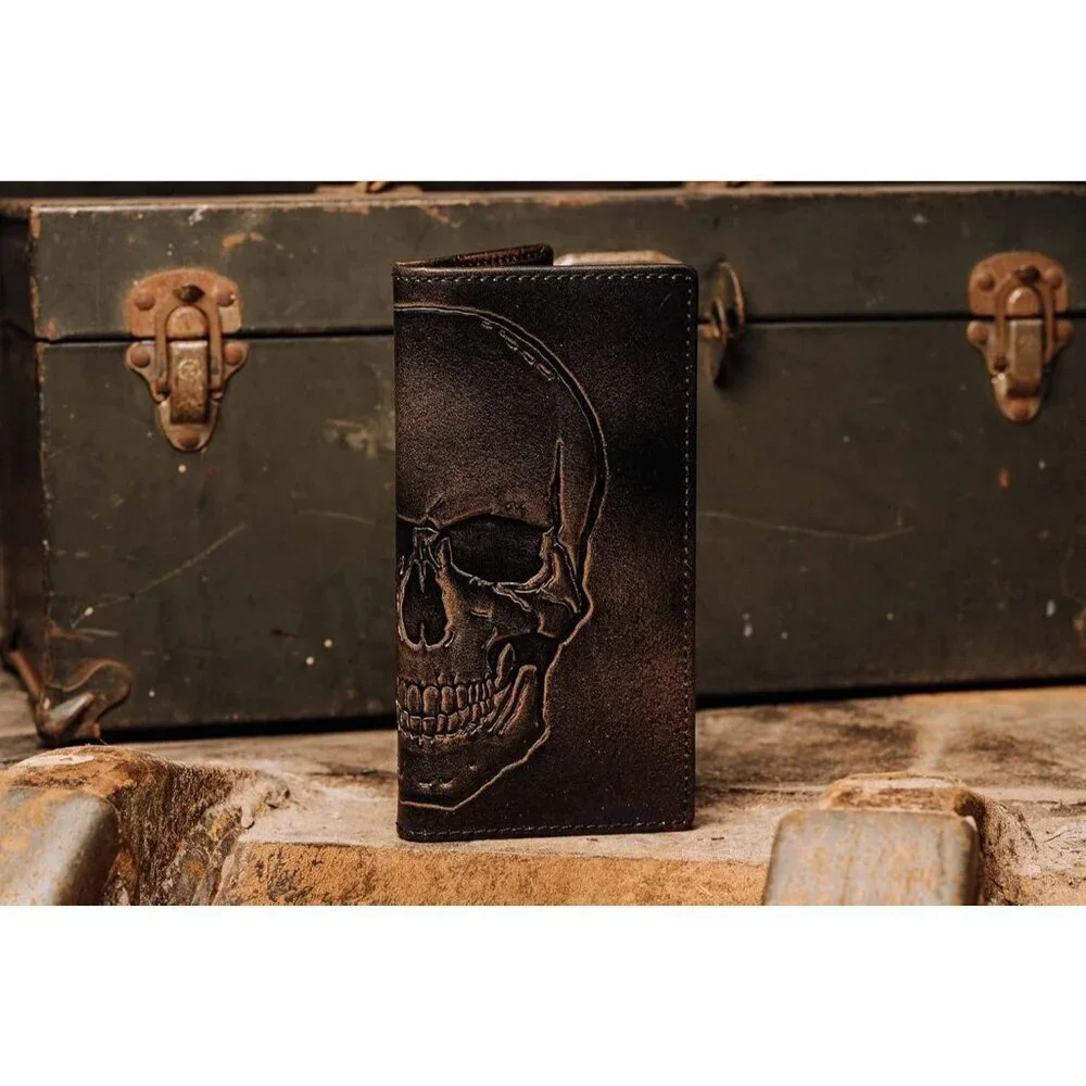 🆕Men Brown SKULL Long Wallet Hand Burnished Finish Grain Leather Bifold Wallet